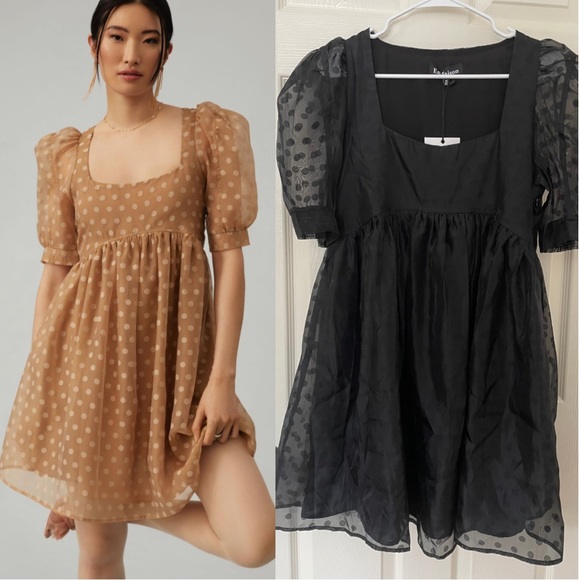 En Saison Dresses & Skirts - En Saison Puff Sleeve Babydoll Dress Black Sheer Polka Dot Medium NEW